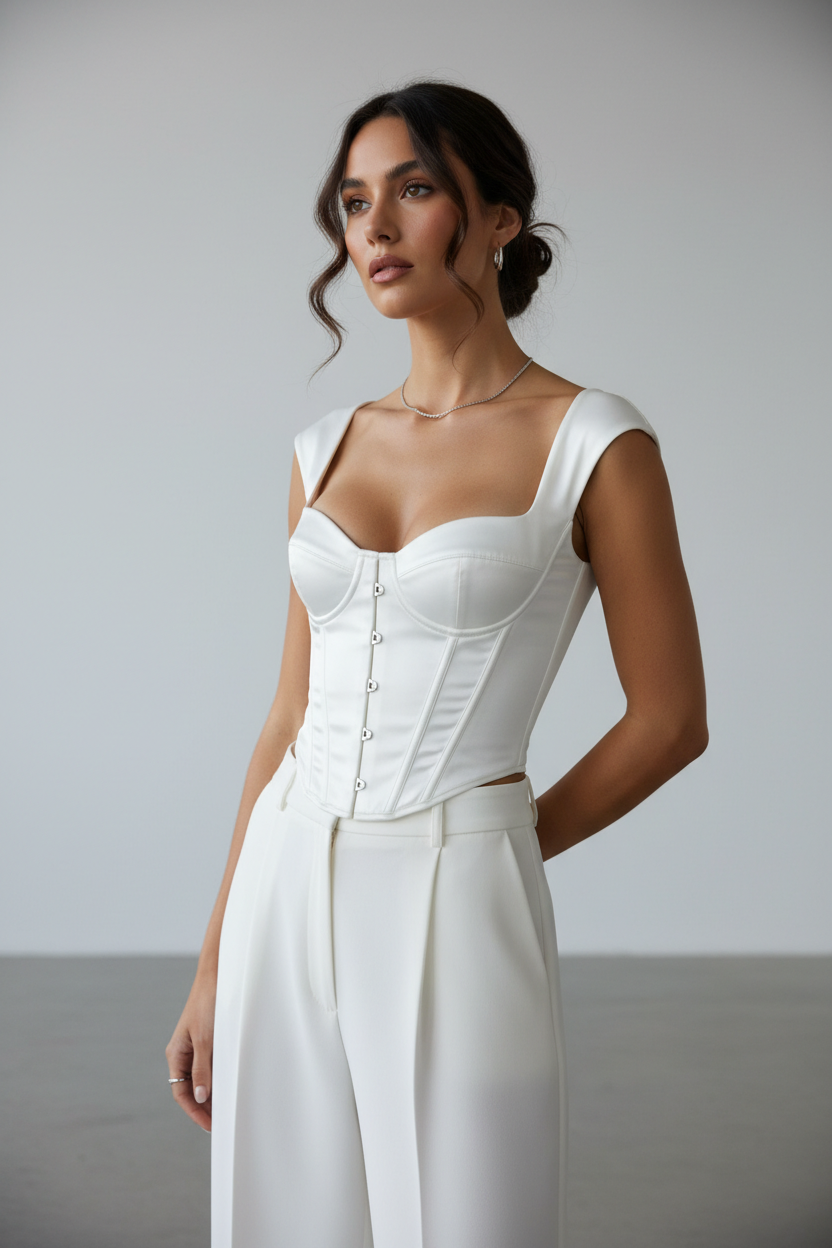 Elva Corset Top in White, Khaki and Black