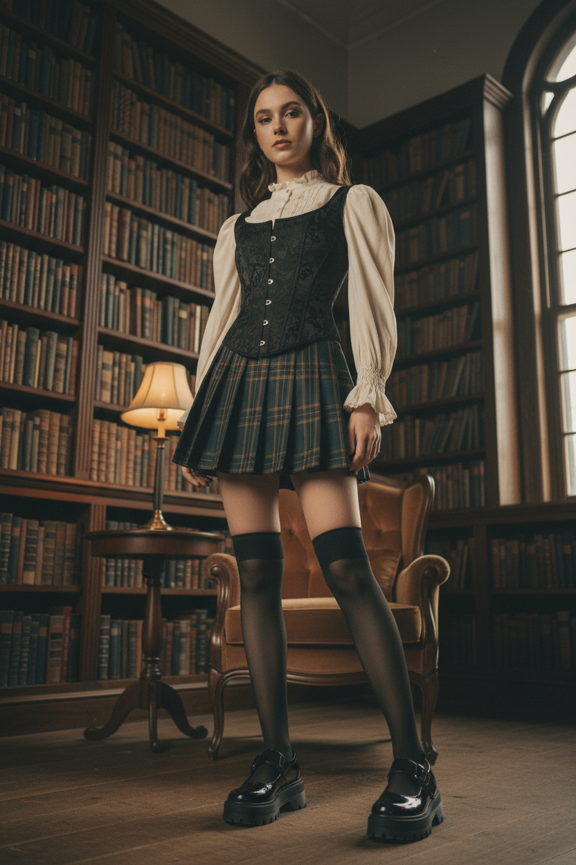 Black corset top dark academia style with plaid mini skirt